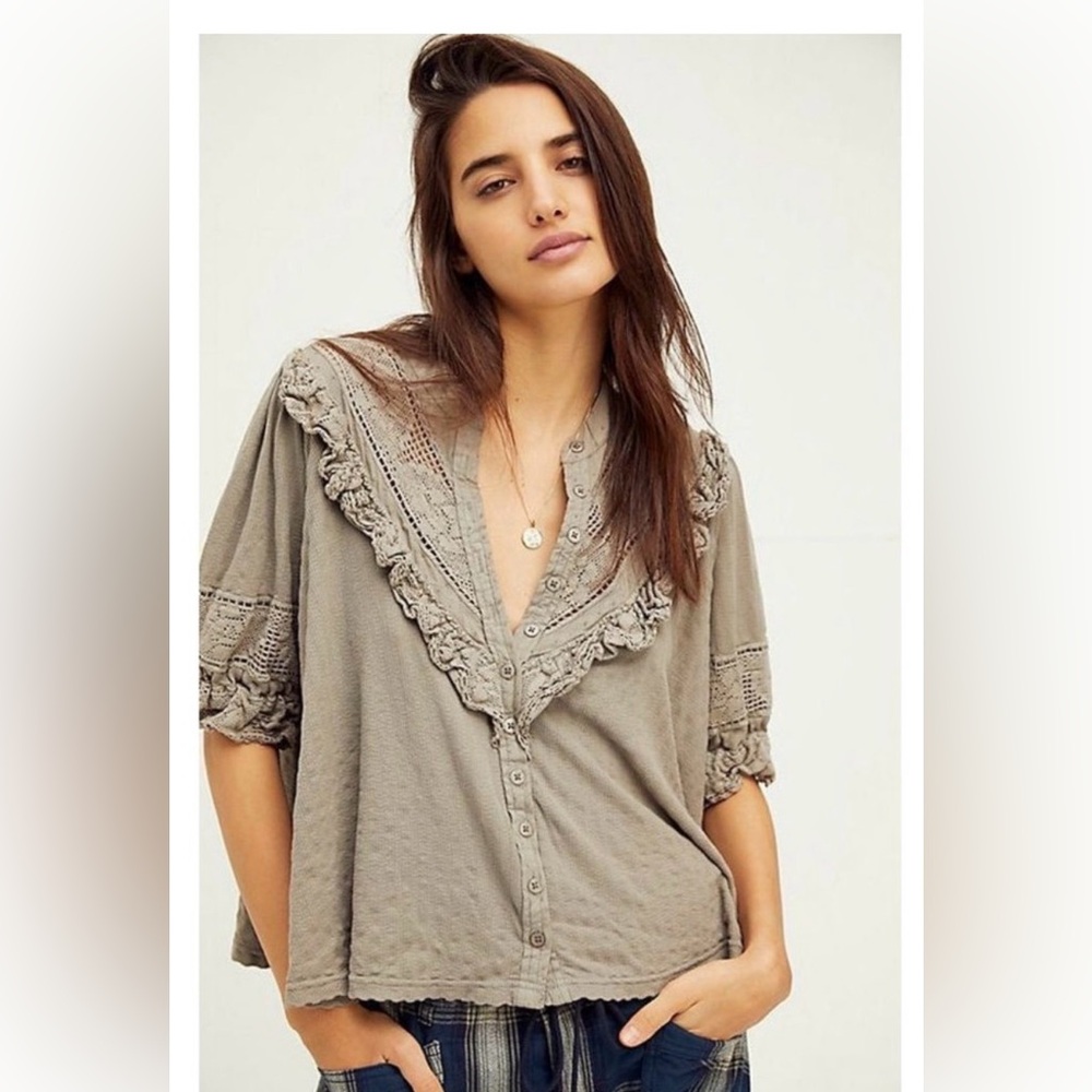 Free People Taupe Lace Trim Blouse